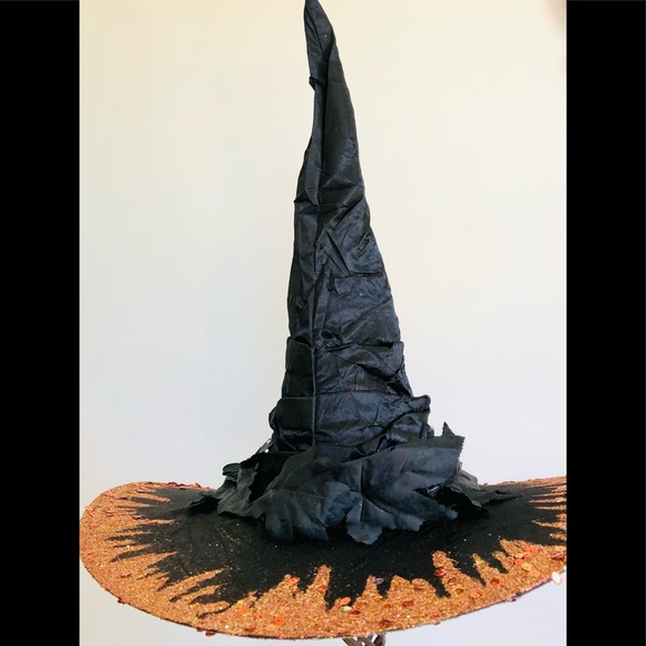 witch hat Black leaf crown glimmering orange tone brim top/under 18" high 1 of - Picture 7 of 16